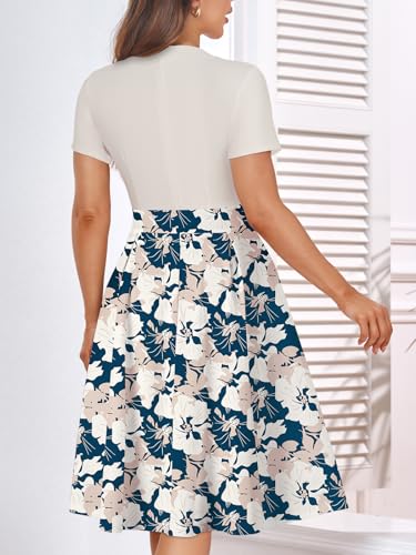 Image of YATHON Womens Elegant Print Notched Neck Slant Pocket Pleated Hem Casual A-Line Dress