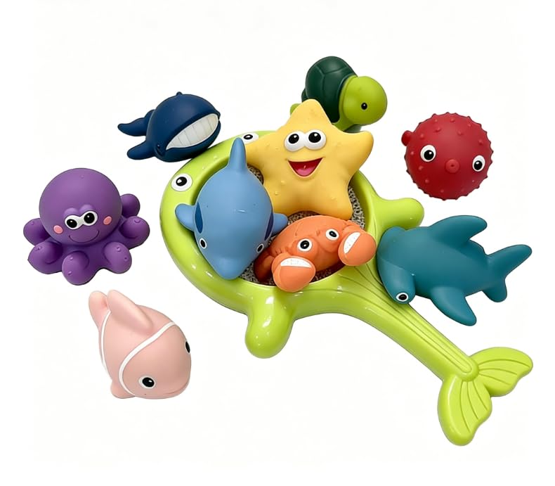 Juguetes de Baño para Bebe, 10 Piezas Juguete Bañera Sin Agujeros Antimoho, Juguete De Agua para Bebés, Juguetes de Baño con Red, Animales Juguete-Baño Flotan, para Niños 1 2 3 Años Baño y Piscina-C