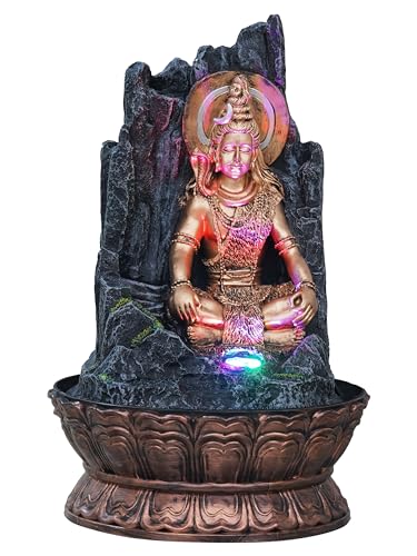 Image of Golden and Grey Polyresin Tabletop Lord Shiva Rock Finish Indoor Waterfall Fountain for Home Decor with Multicolour LED & Speed Control Pump (Size: 27 x 27 x 43 CM | Weight: 2060 Gram)