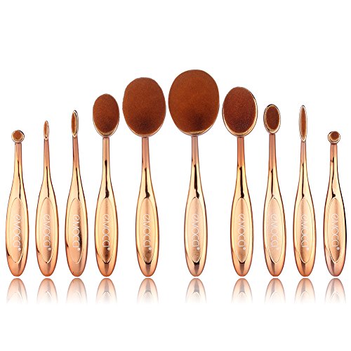 Oval Makeup Brush Set 10 Piece Fashionable Super Soft Rose Gold Toothbrush Make Up Cosmetic Face Powder Foundation Contour Concealer BB Cream Eye shadow Eyeliner Lip Brushes Set Kit with Gift Box