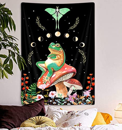 Moon Phase Tapestry Mushroom Frog Butterfly Vertical Tapestries, Sun And Moon Moth Cottagecore Frog Wildflower Aesthetic Tapestry, Funny Cool Tapestry Wall Hanging For Bedroom Room Living (30X40) #TOP2
