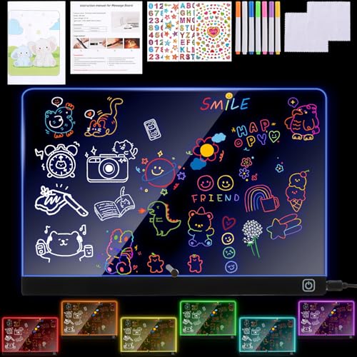 BlueXP Tableau de Dessin LED RGB pour Enfants 30x20cm Planche Acrylique Lumineuse avec Changement de Couleurs 7 Stylos Néon Câble USB Autocollants & Papier...