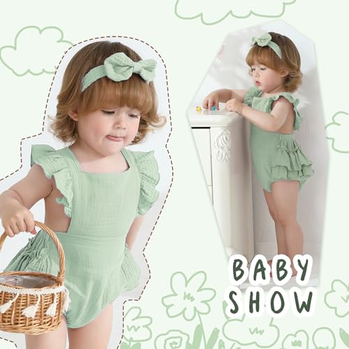 Happy Town Baby Girl Clothes Toddler Summer Linen Romper Sleeveless Ruffle Outfits Infant Girls Jumpsuit with Headband3