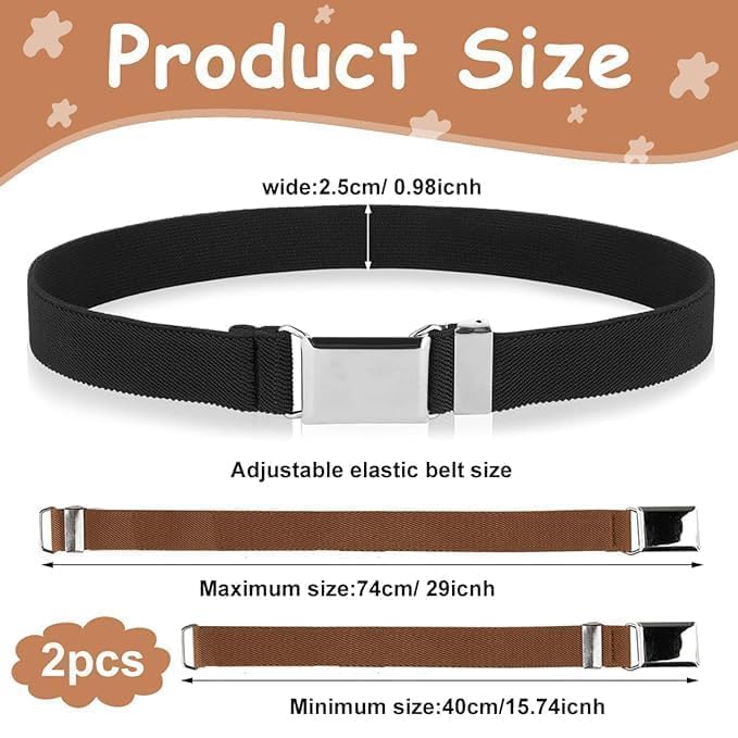 SARNESHWERAM 2PCS Kids Adjustable Elastic Belt Set for Boys and Girls Stretch Waist Belt with Silver Buckle for School Uniform Jeans Pants Brown & Black Set 1