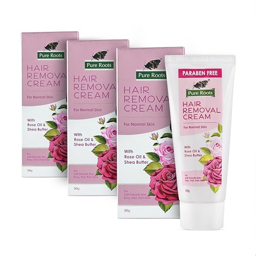 Image of Pure Roots Rose Hair Removal Cream 50g Pack of 3, Gentle formula Enriched with Rose Oil and Shea Butter, Painless, Easy and Effective Hair Removal Cream for Women and Men