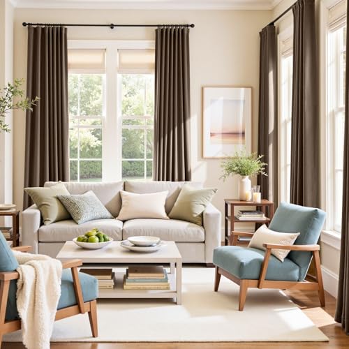 Image of Truffle Velvet Curtains Quiet Luxury Back Tab 52x90 Inch 2 Panels | Soft Velvet, Blackout, Lined, For Bedroom & Living Space, Light Shifting Texture, Elegant Drape, Rod Pocket, Luxury