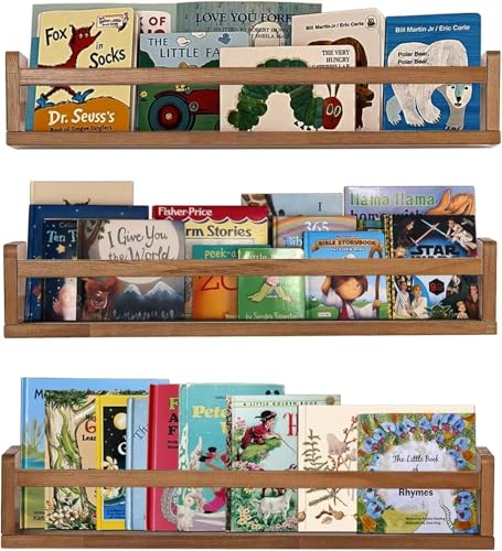 Image of AZSKY Nursery Shelves Light Walnut Floating Book Shelf Organizer for Baby Nursery Décor Wall Book Shelves for Kids Room 24 Inch Wood Wall Ledge Shelves for Bathroom Kitchen Spice Rack a Set of 3