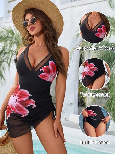 Image of Blooming Jelly Women One Piece Swim Dress Tummy Control Swimsuits Slimming Mesh Sheer Sarong Wraps Bathing Suit