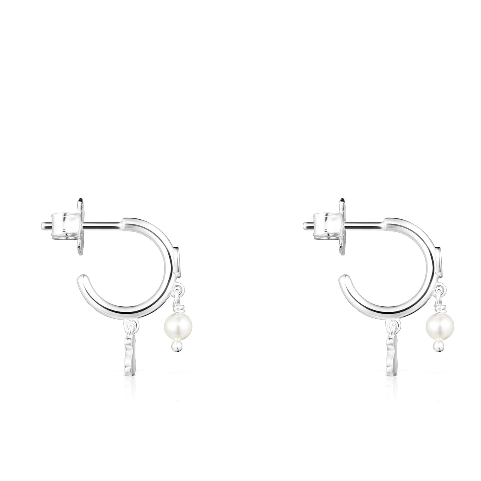 TOUS Pendientes de Aro de Plata de Primera Ley para Mujer con Diámetro de 1,25 cm y Motivos de Oso, Corazón y Perla con Cierre de Presión, Elegante y Versátil, Colección Cool Joy