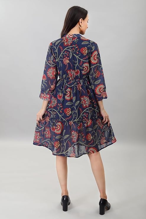 Image of A-Line Floral Printed Fit & Flared Western Brown Dress for Women | One Piece Midi Dress for Women Stylish Western Printed Dresses