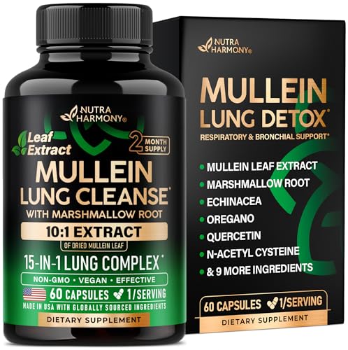 Mullein Lung Detox - Mullein Leaf 10:1 Extract - Marshmallow Root | Echinacea | Oregano | Quercetin | NAC - 15-in-1 Lung Support & Cleanse for Smokers Supplement - Made in USA - As Drops - 60 Capsules