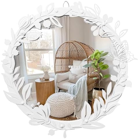 blue page Decorative Round Mirror for Wall Decor, White Floral Mirror with Flower Frame, Framed Circle Mirror Wall Mounted, Accent Iron Circular Wall Mirror for Bathroom Sink Hallway Entryway Cover
