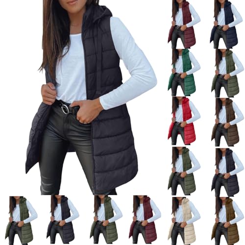 Long Puffer Vest Women Casual Sleeveless Puffy Jacket Quilted Hooded Vests Padded Coat Winter 2025 Outerwear Gilet