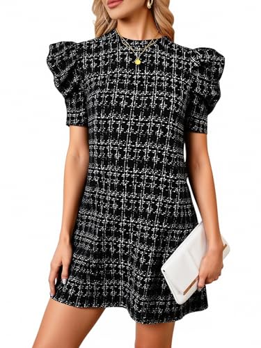 Women's Plaid Puff Short Sleeve Dress Elegant Crew Neck Mini Flowy Work Office Dresses
