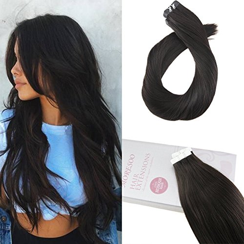 Moresoo 18 Inch Tape in Extensions Straight Unprocessed Remy Human Hair Off Black Color #1B Seamless Skin Weft Tape in Hair Extensions 20PCS 50G PU Tape