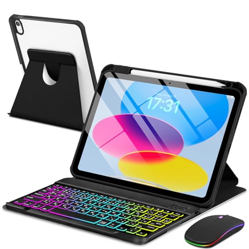 EAMPANG JIS日本語配列 iPad(A16)第11世代 11インチ2025/第10世代 10.9インチ2022/マウスとキーボードケース, 7色レインボーバックライト Type-C充電 脱着式 スマート 多機能 ワイヤレス キーボード 360度回転