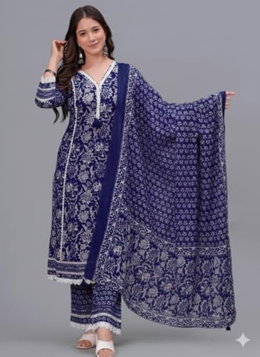 Image of Amayra Women's Pure Cotton Printed Straight Kurta Set with Palazzo Pants & Dupatta- Ethnic Wear