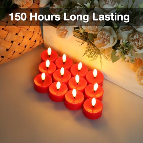 Image of 24 Pack Red Flameless Tealight Candles Battery Operated Tea Lights, Realistic Flickering Fake LED Tealights Candles, 3D Wick LED Tea Lights for Christmas, Festival, Party, Home Decor