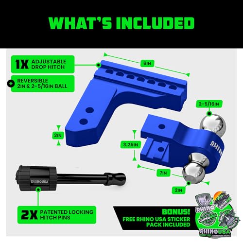Image of Rhino USA Adjustable Trailer Hitch (Fits 2-Inch Receiver) - Heavy Duty Aluminum Tow Hitches with 6-Inch Drop /Rise for Truck (12,500 LBS GTW) - Weatherproof Double Anti-Theft Locking Hitch Pins (Blue)