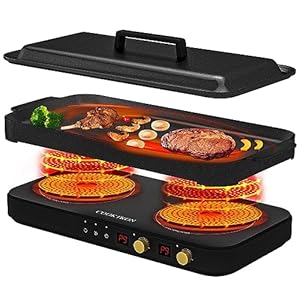 Portable Induction Cooktop 2 Burner with Removable Iron Cast Griddle Pan Non-stick, 1800W Double Induction Cooktop with Child Safety Lock & Time, Great for Family Party