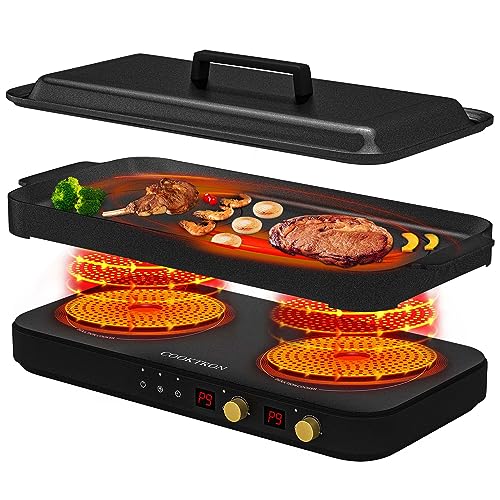 COOKTRON Portable Induction Cooktop 2 Burner with Removable Iron Cast Griddle Pan Non-stick, 1800W Double Induction Cooktop with Child Safety Lock & Time, Great for Family Party