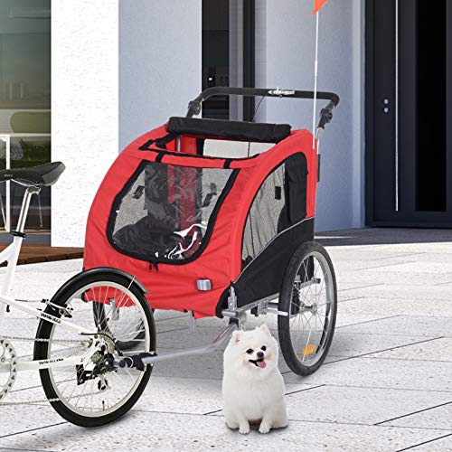 PawHut 2-in-1 Hundeanhänger, Fahrradanhänger für Hunde, Klappbar Hundewagen mit Reflektoren, Fahne, Hundefahrradanhänger Hundebuggy für Hunde bis 20 kg, Oxford-Gewebe Rot+Schwarz