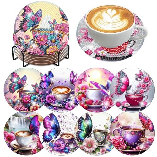 ijbnhd 8 Pack Diamond Art Coasters Kits, Butterfly Diamond Painting Coasters Kit with Holder, DIY Butterfly Diamonds Art Non Slip Coaster Crafts Kits for Adults Gifts 4x4 inch (Cork Wooden Pad)