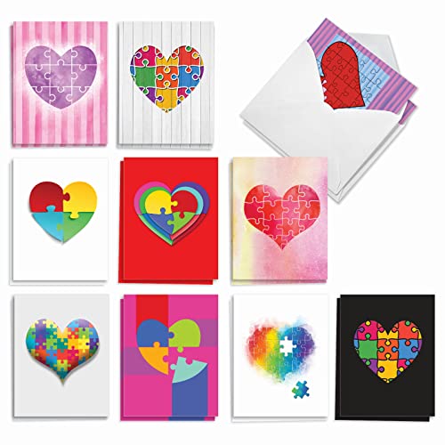 Image of The Best Card Company - 20 Cute Boxed Cards (4 x 5.12 Inch) - Assorted Blank Set (10 Designs, 2 Each) - Jigsaw Hearts AM3181OCB-B2x10