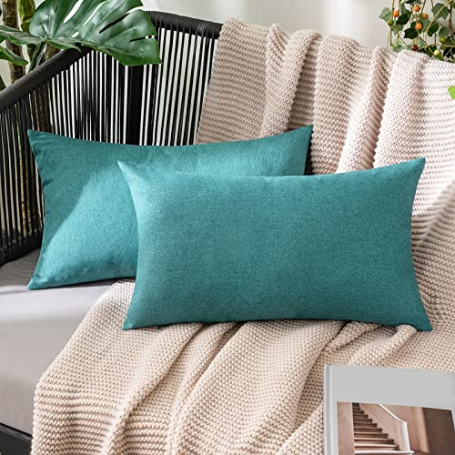 MIULEE Pack of 2 Decorative Outdoor Solid Waterproof Throw Pillow Covers Faux Linen Garden Farmhouse Coastal Cushion Cases for Summer Patio Tent Balcony Couch Sofa 20x12 Inch Turquoise