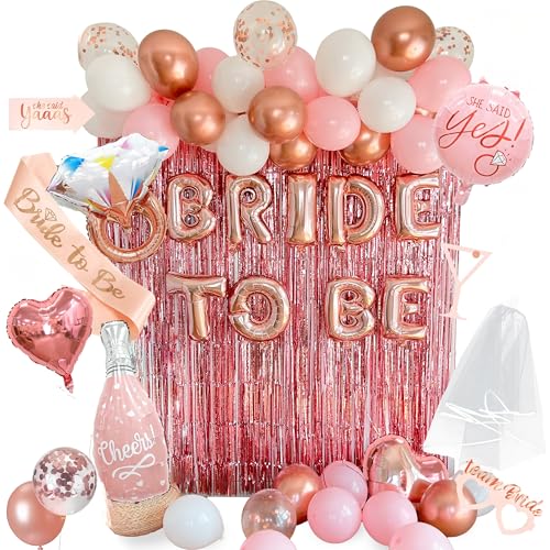 VIDAL CRAFTS Rose Gold Bridal Shower Decorations 62-Piece Pink Bachelorette Party Decorations with Bride to Be Banner Confetti Balloons Bride Sash Veil Fringe Curtain & Photo Props