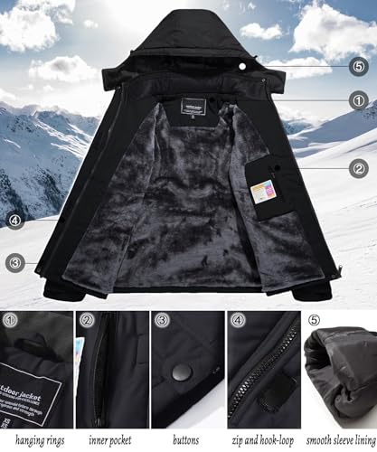 TACVASEN Damen Winterjacke Wasserdicht Skijacke Fleece Gefüttert Warm Funktionsjacke mit Abnehmbarer Kapuze, Schwarz, L