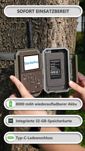 GardePro E8P Max Wildkamera WLAN, Wiederaufladbare 8000mAh Akku, Integrierte SD Karte, 64MP 1296P,...