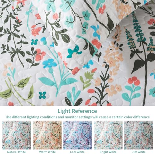 VAPUTAR Queen Quilt Bedding Set-3 Pieces Botanical Quilt Queen Size (90 x 98 inch), Reversible Queen Coverlet with Garden Style Floral Pattern, Bedspread Queen Size Suitalble for All Season.
