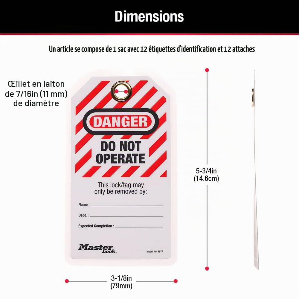 Master Lock 497A Etiquette de Sécurité "Danger Do not Operate" pour consignation des installations mécaniques ou électriques, pack de 12 avec attaches