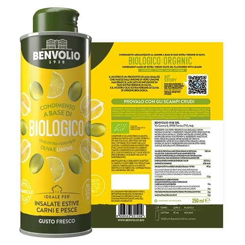 BENVOLIO Bio-Zitronenöl 250ml - Kaltgepresst aus Ausgewählten Oliven, Aromatisiert mit Echtem Zitrone: Ideal für Salate, Fleisch und Fisch - Reich an Vitamin E & C, 100% Natur, Verdauungsfördernd.