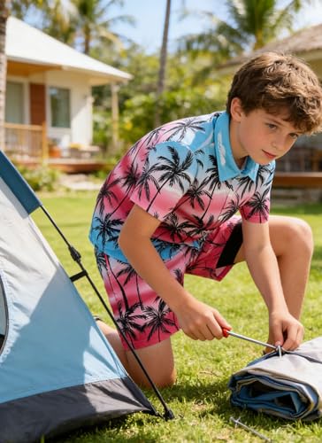 Image of UNICOMIDEA Boys Hawaiian Outfits Tropical Print Button Down Shirt + Swim Trunks 2 Piece Sets for 5-12T Kids