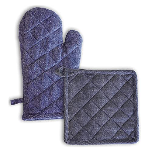 Image of 1 Oven Mitts and 1 Pot Holders Set-Cotton Heat Resistant Pot Stand and Kitchen Gloves-Heat Proof-Free Size-Combo Set (Blue)