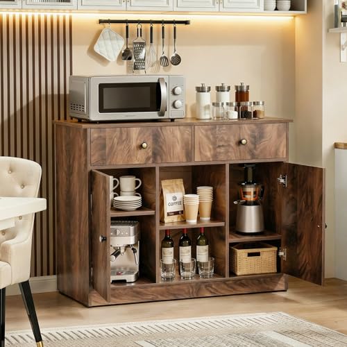 Image of ABOUT SPACE 3ft Kitchen Storage Cabinet with 2 Drawers, Open Center Shelf, 2 Closed Cabinet with Adjustable Shelves Modern Kitchen Rack Cupboard for Dining Room, Living Room, Entryway - Walnut