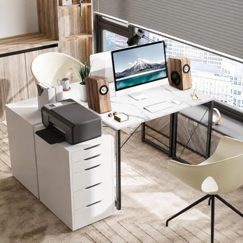 Image of Modern Wooden Computer Desk Home Office Study Desk with Metal Frame, Minimalist Writing Desk Laptop PC Workstation Table for Home Office Study Room Bedroom (White)