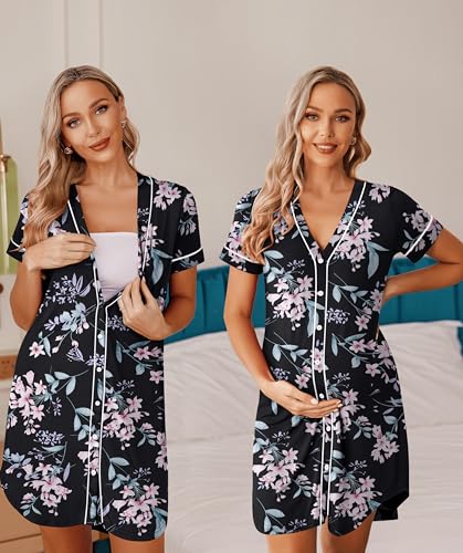 Image of Ekouaer Womens Nightgown Button Down Sleep Shirts Short Sleeve Nightshirt V-Neck Sleepdress Soft Sleepwer