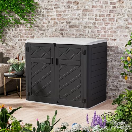 Image of Mrosaa Resin Outdoor Storage Shed, 38 cu.ft Outdoor Storage Box Waterproof for Garden Tools, Patio Furniture, Trash Cans, Garage Storage, Lockable (Black)