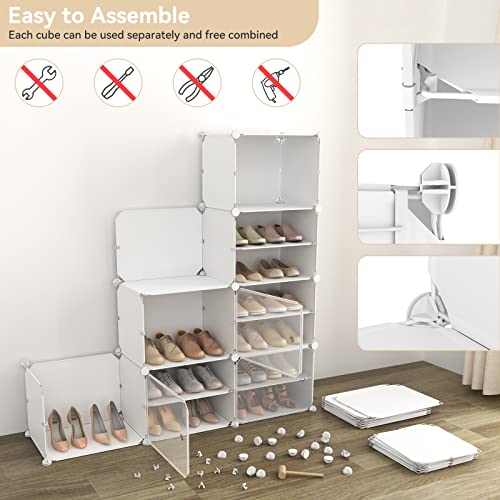 Image of Portable Shoe Rack Organizer with Door, 48 Pairs Shoe Storage Cabinet Easy Assembly, Plastic Adjustable Shoes Organizer Stackable Detachable Free Standing Shoes Rack White