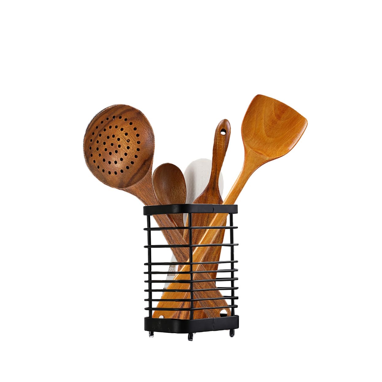 Soporte para utensilios de cocina, organizador de encimera de cocina, escurridor de cubiertos, estante de secado para cubiertos y utensilios de cocina de acero inoxidable (negro, L) 8