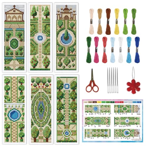 Image of INFUNLY 6PCS DIY Garden Cross Stitch Bookmark Kits 3x8.5inch Fountain Stamped Embroidery Page Marker Kits Plant Needlepoint Bookmark Kit with Pre-Printed Pattern for Book Lovers Readers