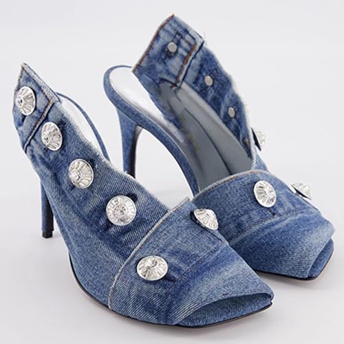 MILDSEVEN Women's Fashion High Heel Denim Slippers with Metal Buttons, Popular Sexy Casual Peep Toe Mules for Banquets, Parties And Wedding3