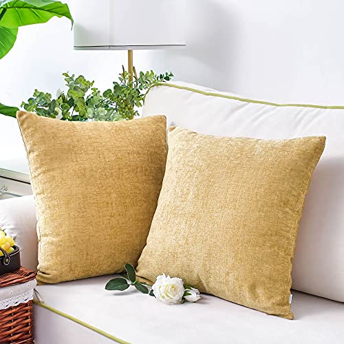 CaliTime Pack of 2 Cozy Throw Pillow Covers Cases for Couch Sofa Home Decoration Solid Dyed Soft Chenille 40cm X 40cm Gold - Image 4