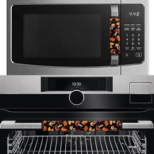 Image of Dreaweet Mushroom Maple Leaf Refrigerator Door Handle Covers Set of 4 Autumn Fall Kitchen Decor Appliance Handle Covers Washable Universal Fit Fridge Microwave Oven Dishwasher