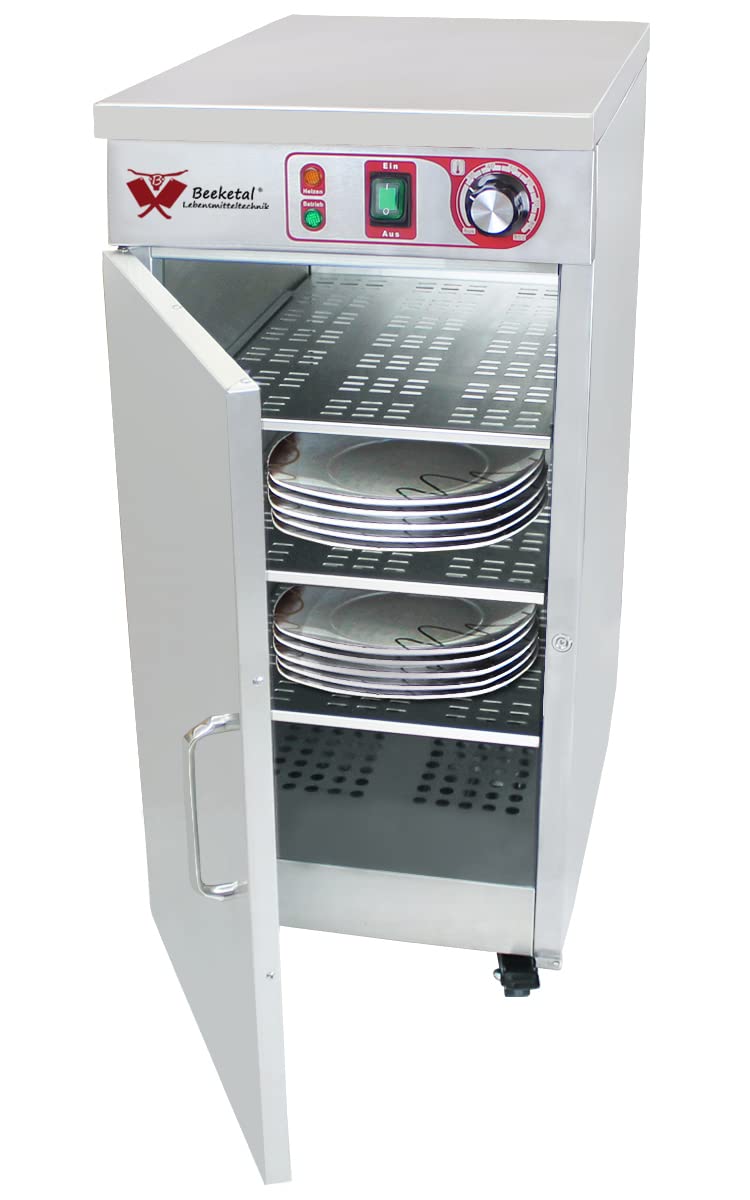 Beeketal 'BTW-60' Profi Gastro Edelstahl Tellerwärmer elektrisch mit 3 Einlegeböden, Temperatur stufenlos ca. 30-85 °C einstellbar, mobiler Wärmeschrank 1-türig auf Rollen mit Feststellbremse