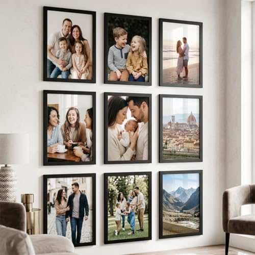 Image of kotart Photo Frame for Wall Decoration | Wooden Aesthetic Frames for Living Room Office | Photo Frame for Certificate A4 Size | Home Decor Bedroom Gift (Black, Pack of 9)