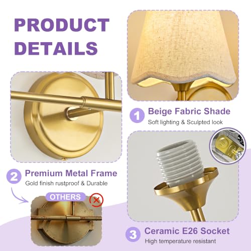Image of Bathroom Light Fixtures 22 inch Dimmable 3-Light Gold Vanity Light | Farmhouse Bathroom Lights with Beige Wavy Fabric Shade, Vanity Lighting Fixtures for Mirror Bedroom Living Room Hallway